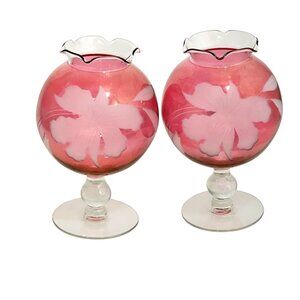 2 Cranberry Glass Globe Vase 7.5" etched floral flower ruffled edge MCM Mid Cent